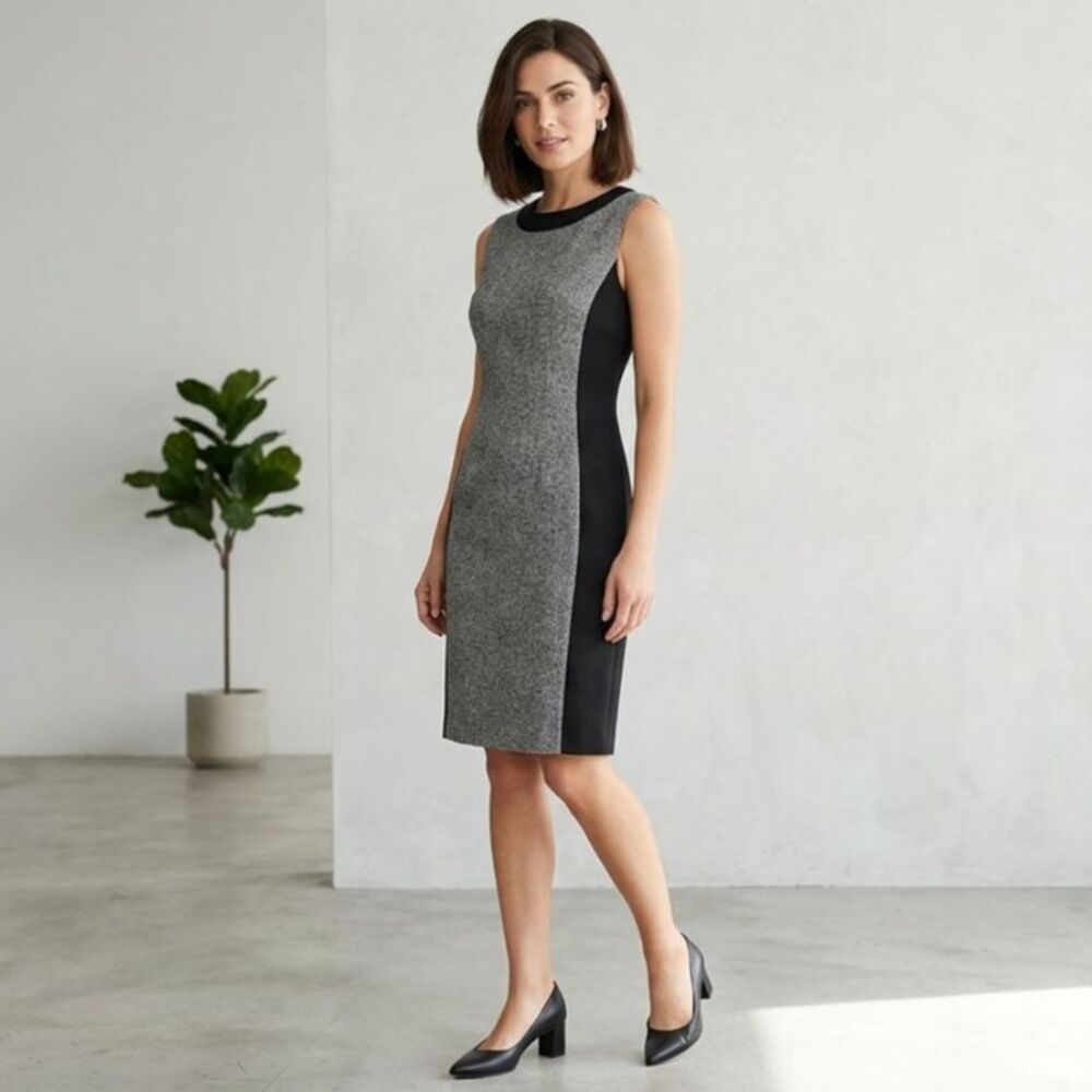 Liz Claiborne Tweed Colorblock Sheath Dress M Black Gray Sleeveless Knee Length